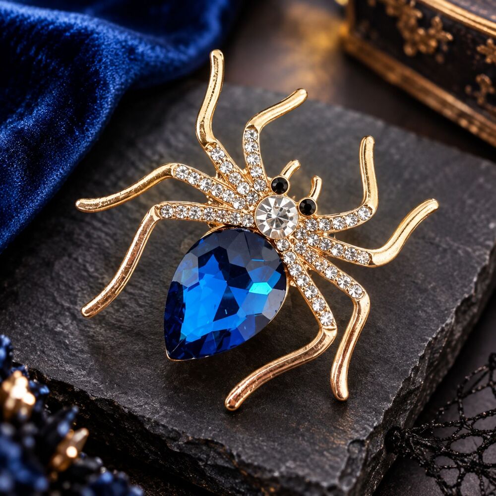 Gold Tone BLUE Rhinestone Spider Brooch